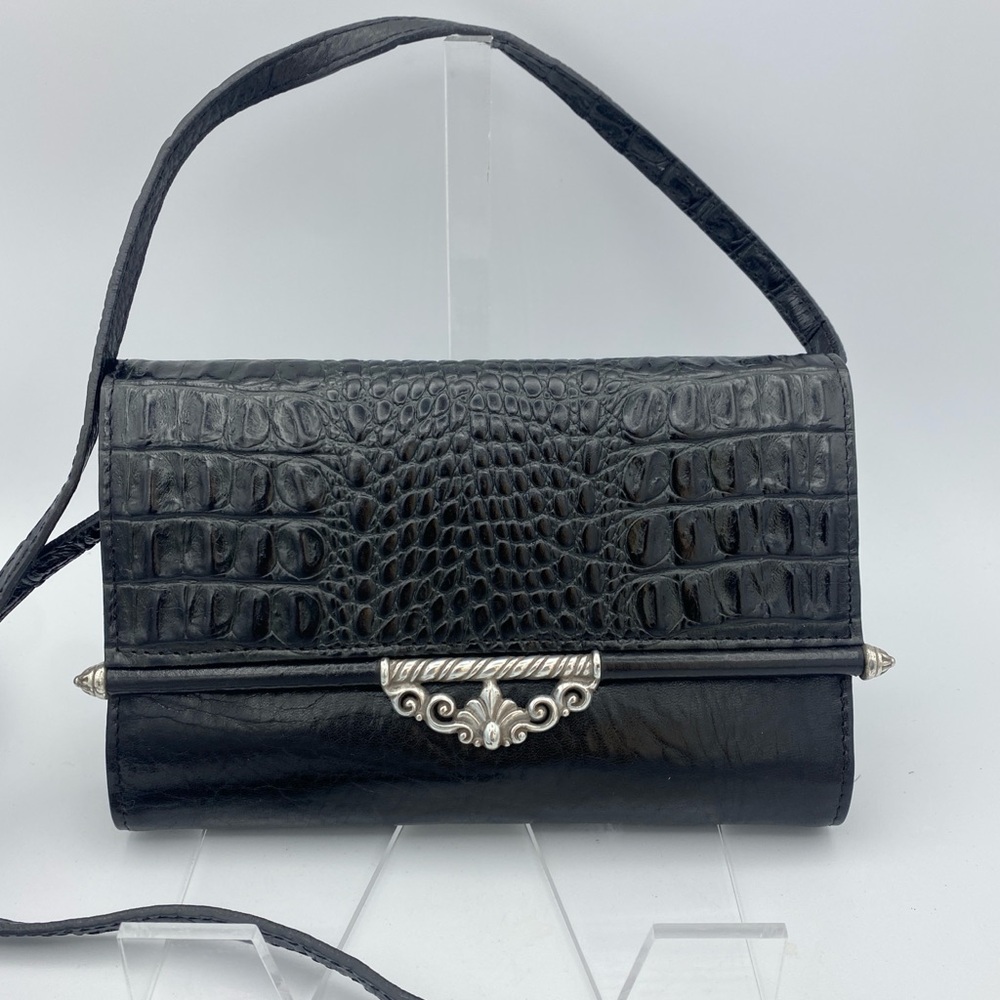 Brighton Black Leather Croc Embossed Wallet Organizer Crossbody Bag